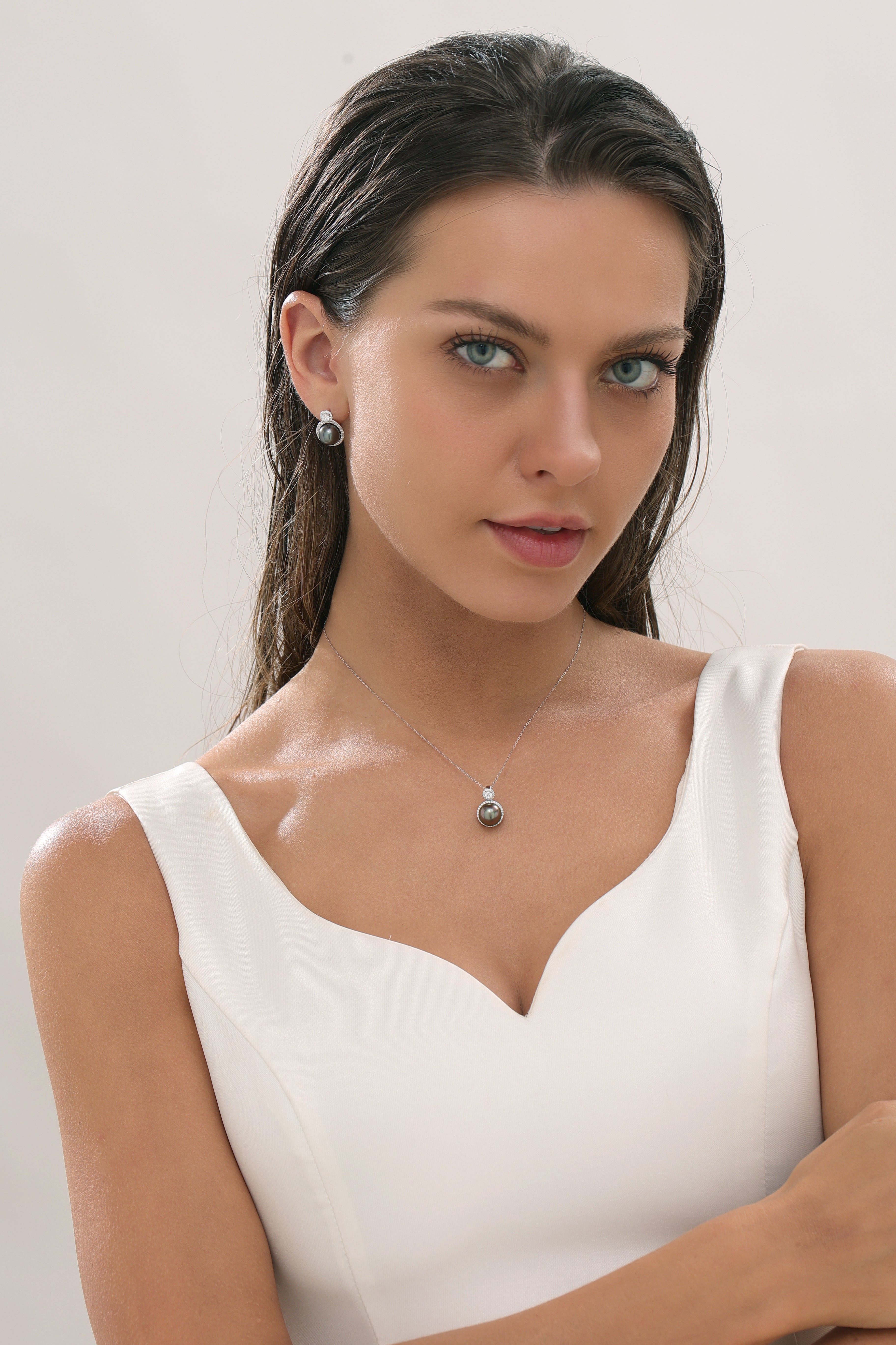 9-10mm Tahitian Pearl & Eline CZ Earrings