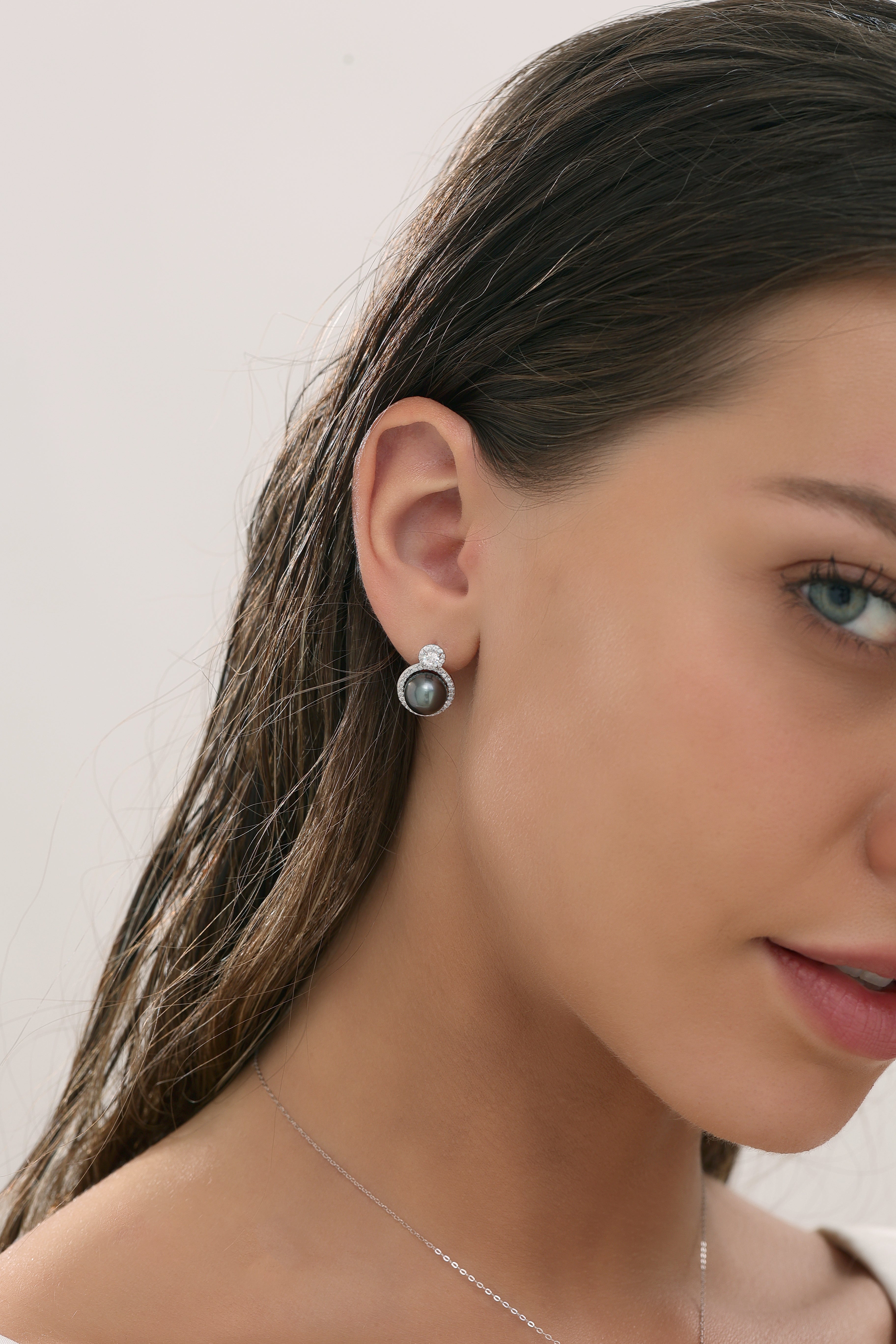 9-10mm Tahitian Pearl & Eline CZ Earrings