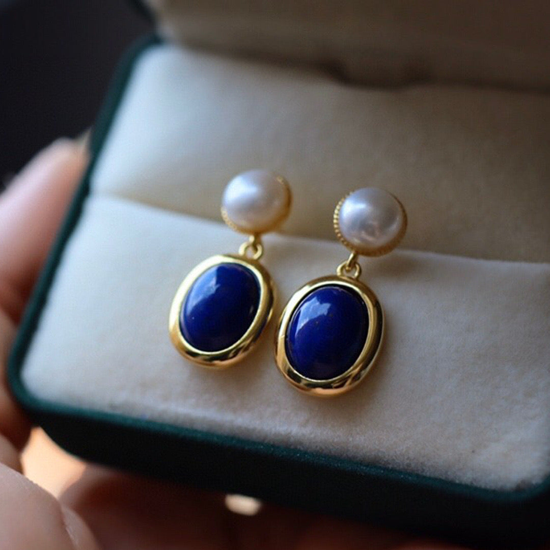 Dark Blue Lapis Lazuli and Pearl Drop Earrings