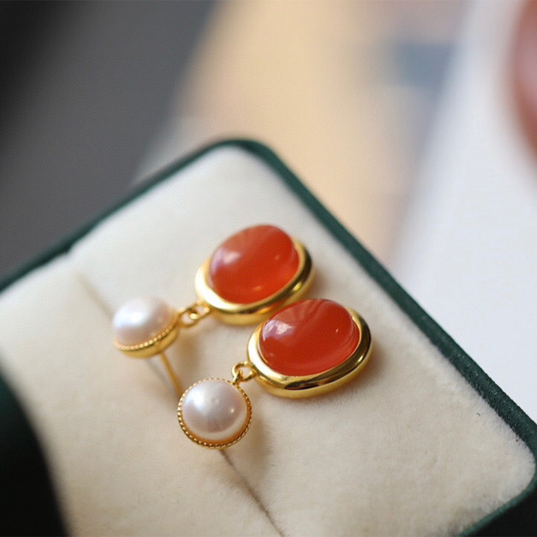 South Red Agate Pearl Drop Earrings