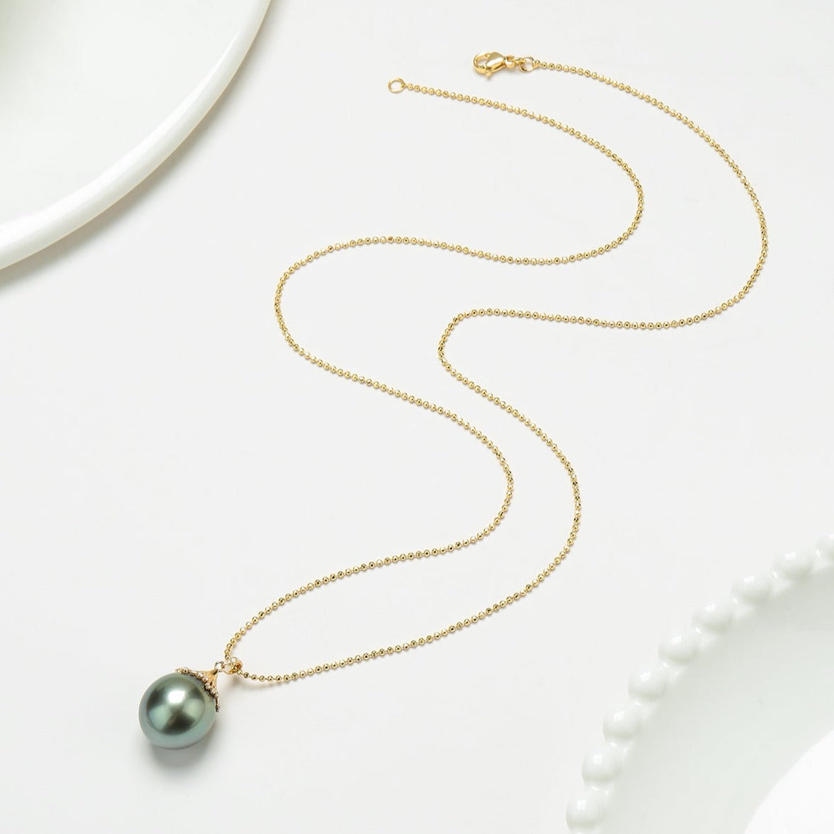 Large Tahitian Pearl Pendant Gold Bead Necklace