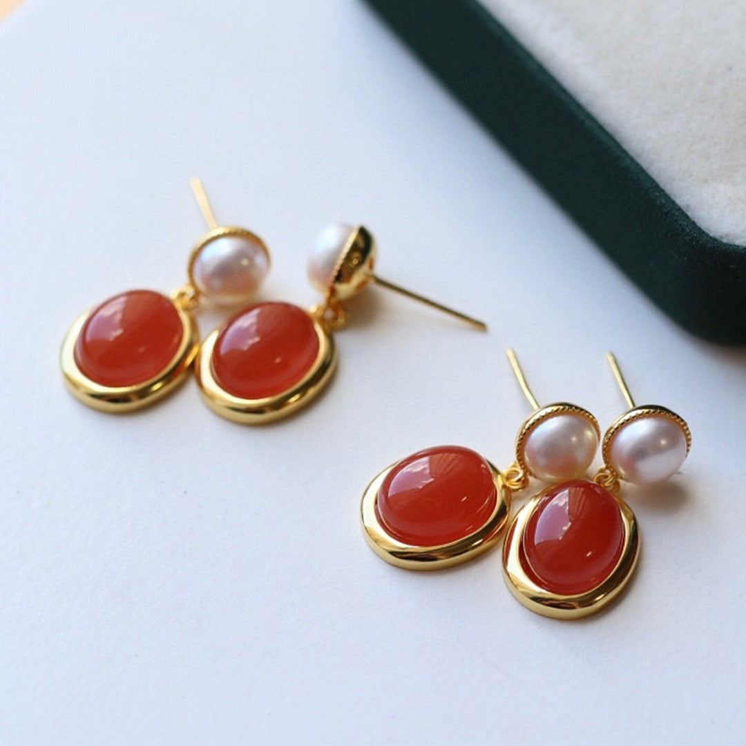 South Red Agate Pearl Drop Earrings