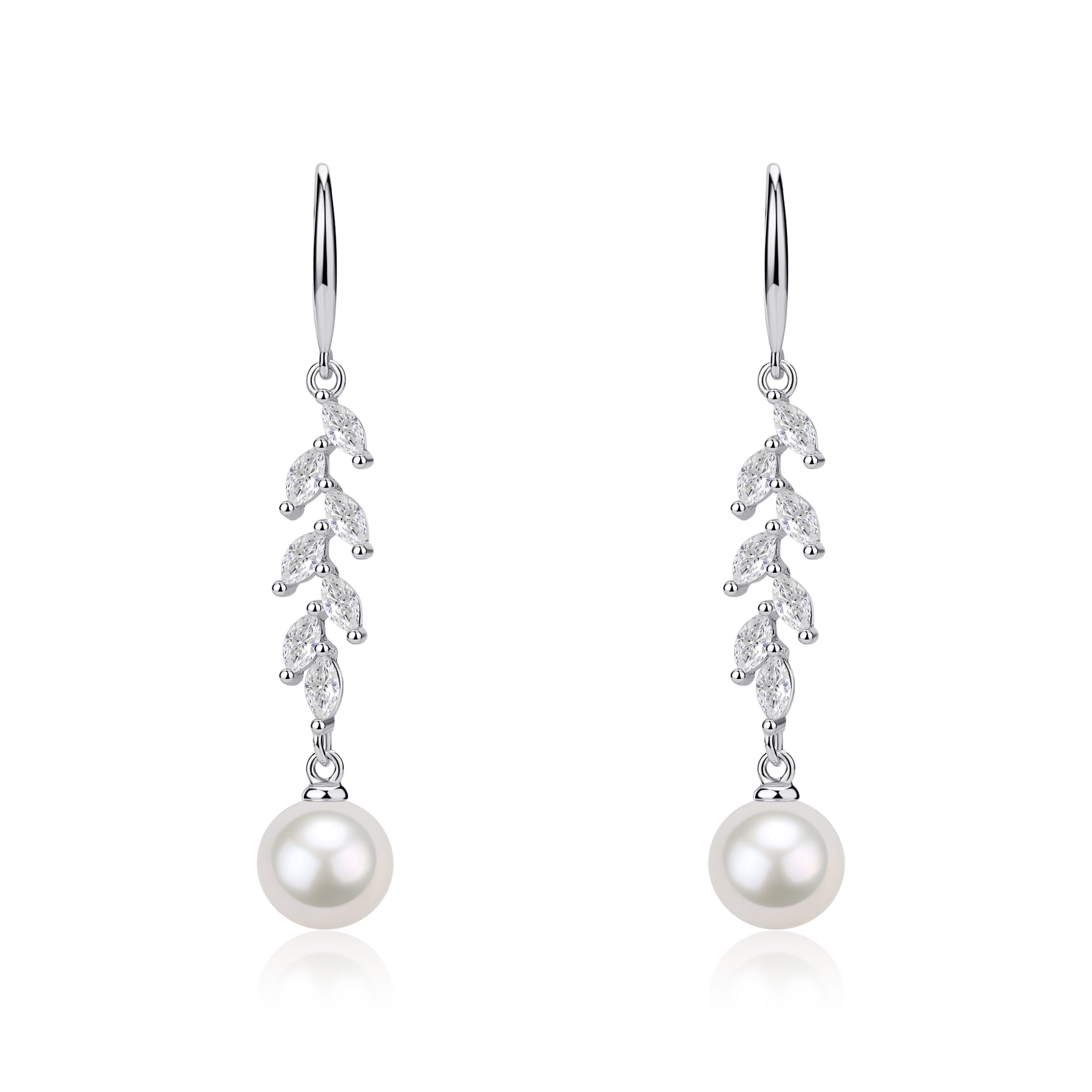 8-9mm Freshwater Pearl & Long Leaf Cubic Zirconia Earrings