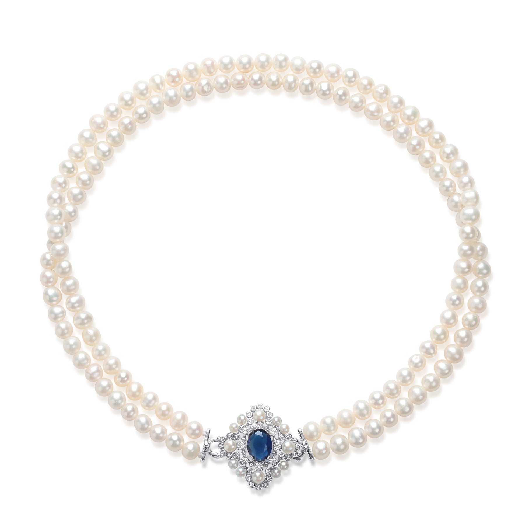 Double Layered Pearl Sapphire Stone Strand Choker Necklace