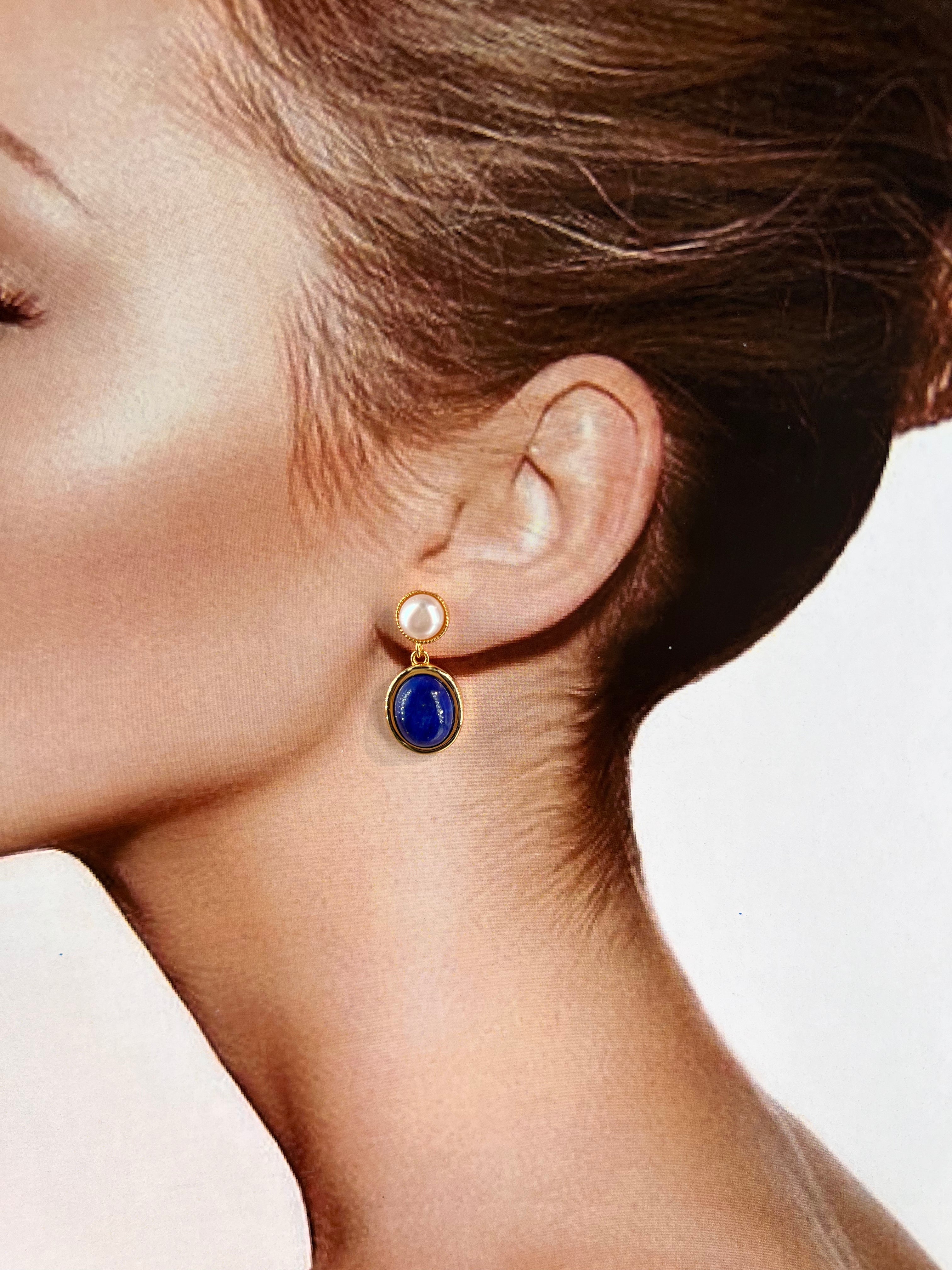 Dark Blue Lapis Lazuli and Pearl Drop Earrings