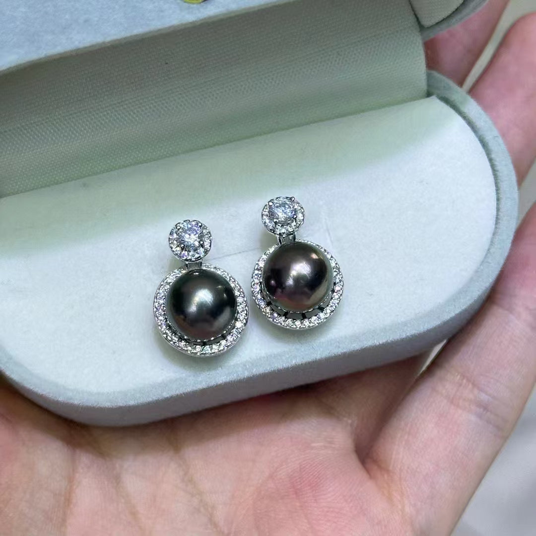 9-10mm Tahitian Pearl & Eline CZ Earrings