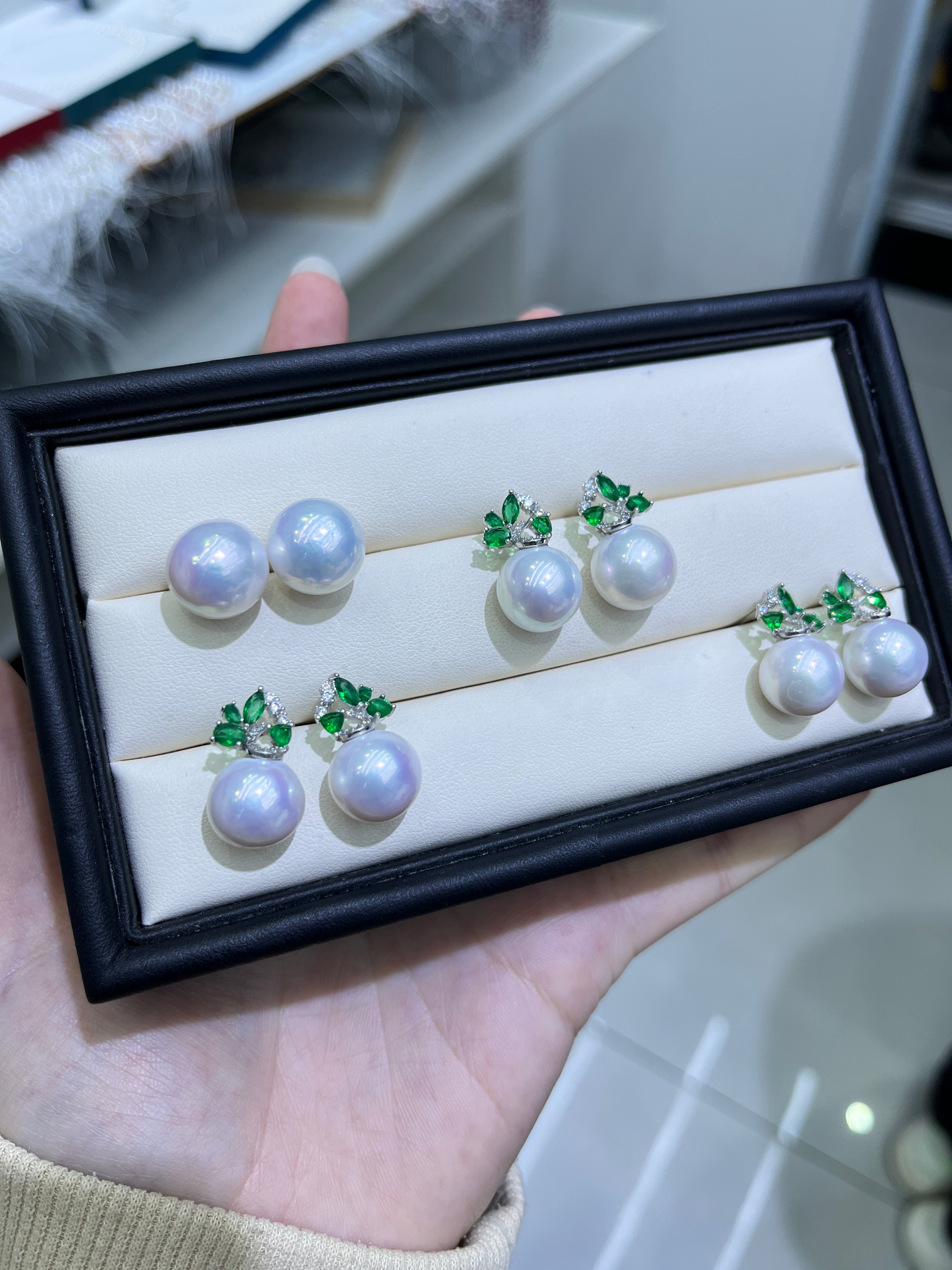 12-13mm Green Zirconia Pearl Earrings