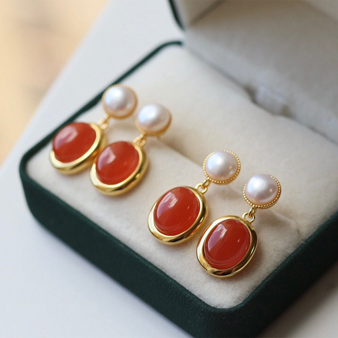 South Red Agate Pearl Drop Earrings