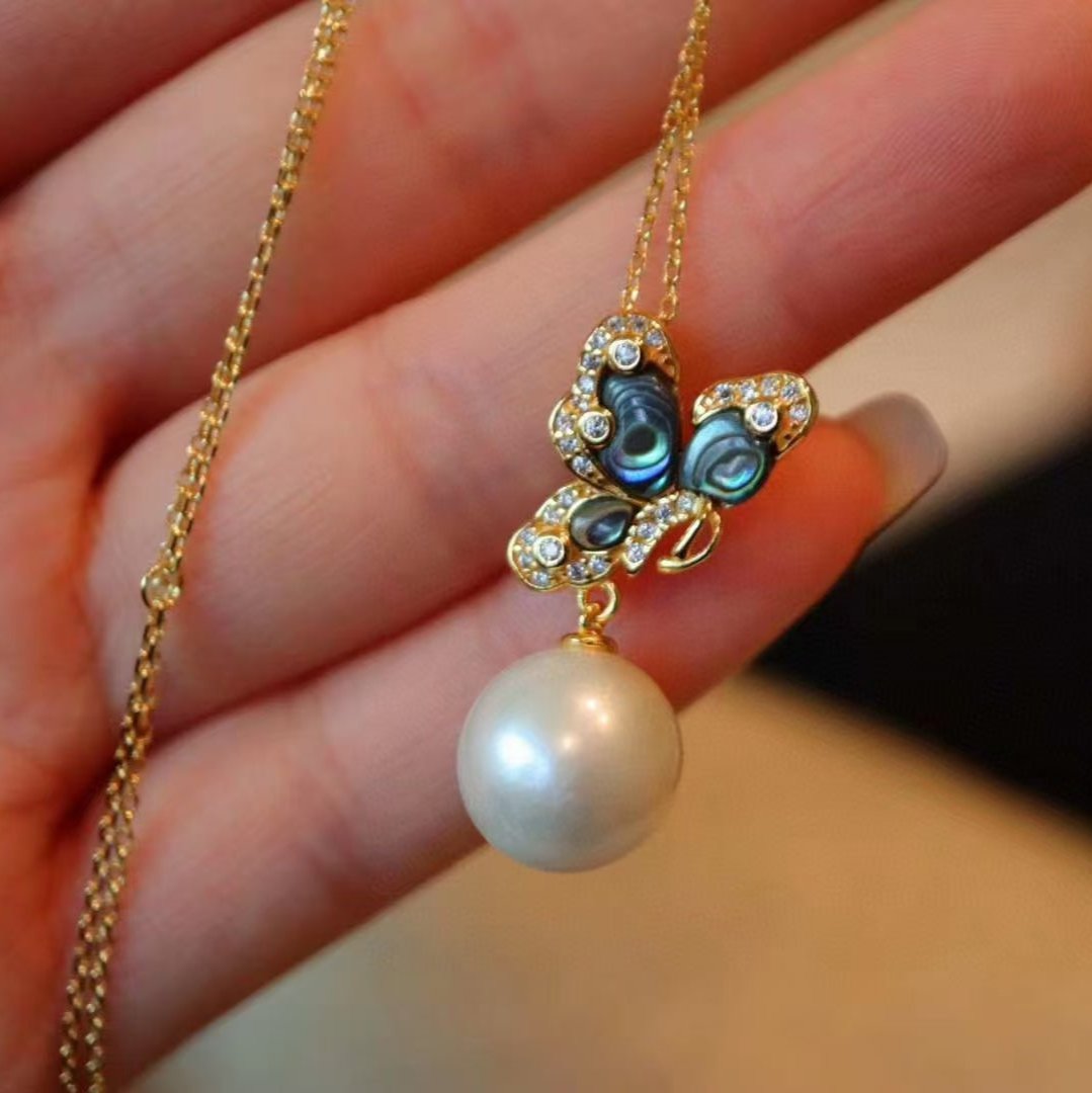 Abalone Mother of Pearls Butterfly Earrings & Necklace