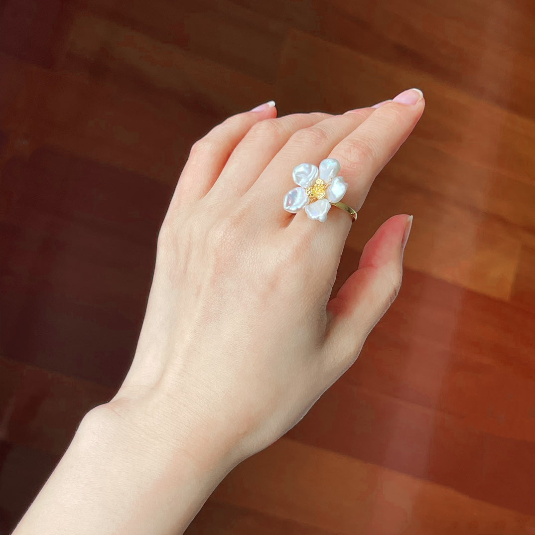 Keshi Pearl Flower Petal Earrings and Ring (Purchase Individually)