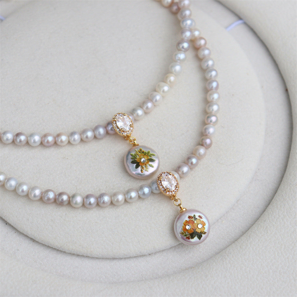 Hand-Painted Bee & Flower Baroque Pearl Clip Pendant Only