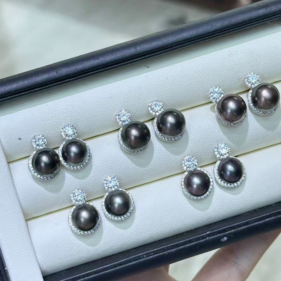 9-10mm Tahitian Pearl & Eline CZ Earrings