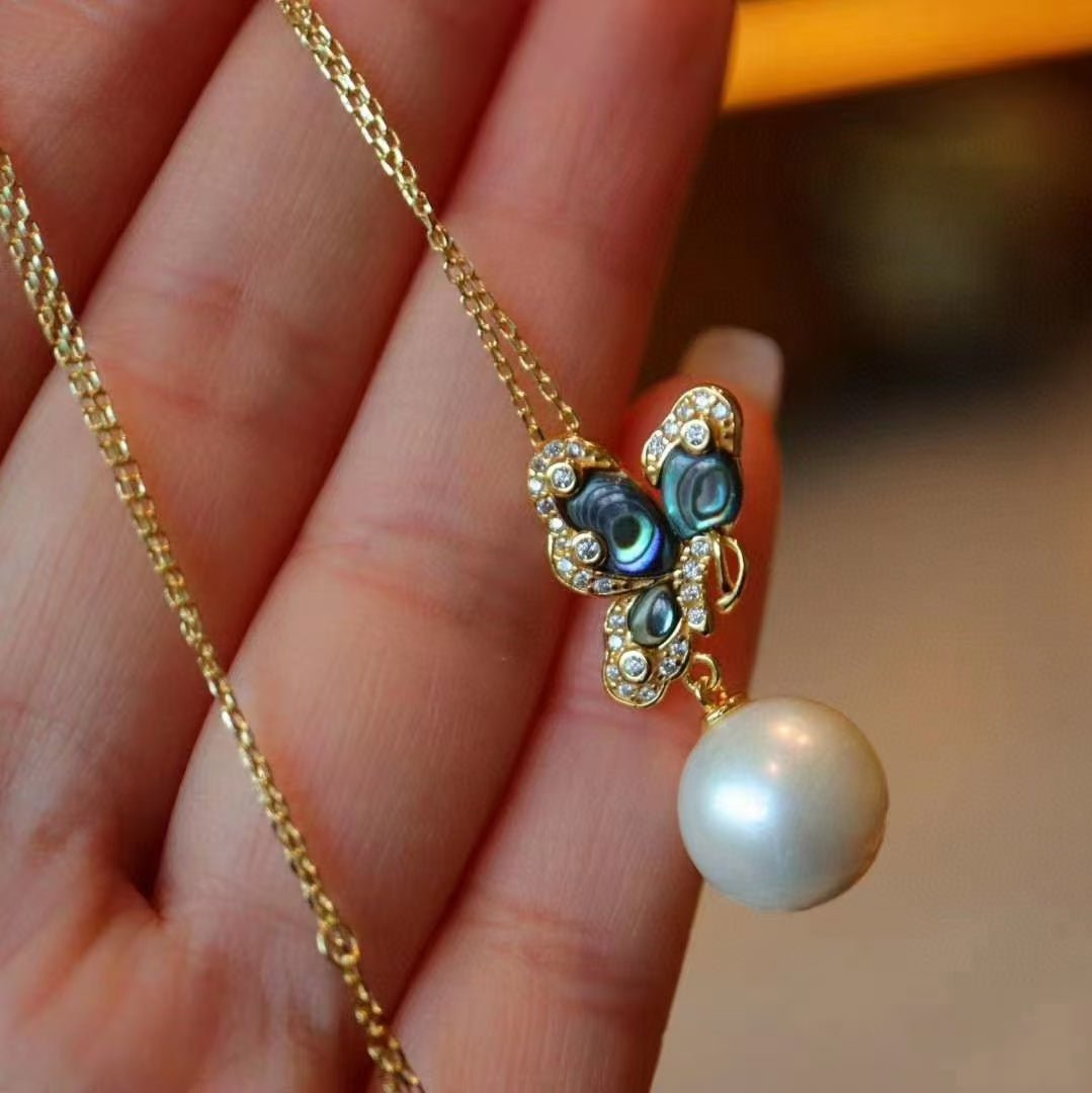 Abalone Mother of Pearls Butterfly Earrings & Necklace