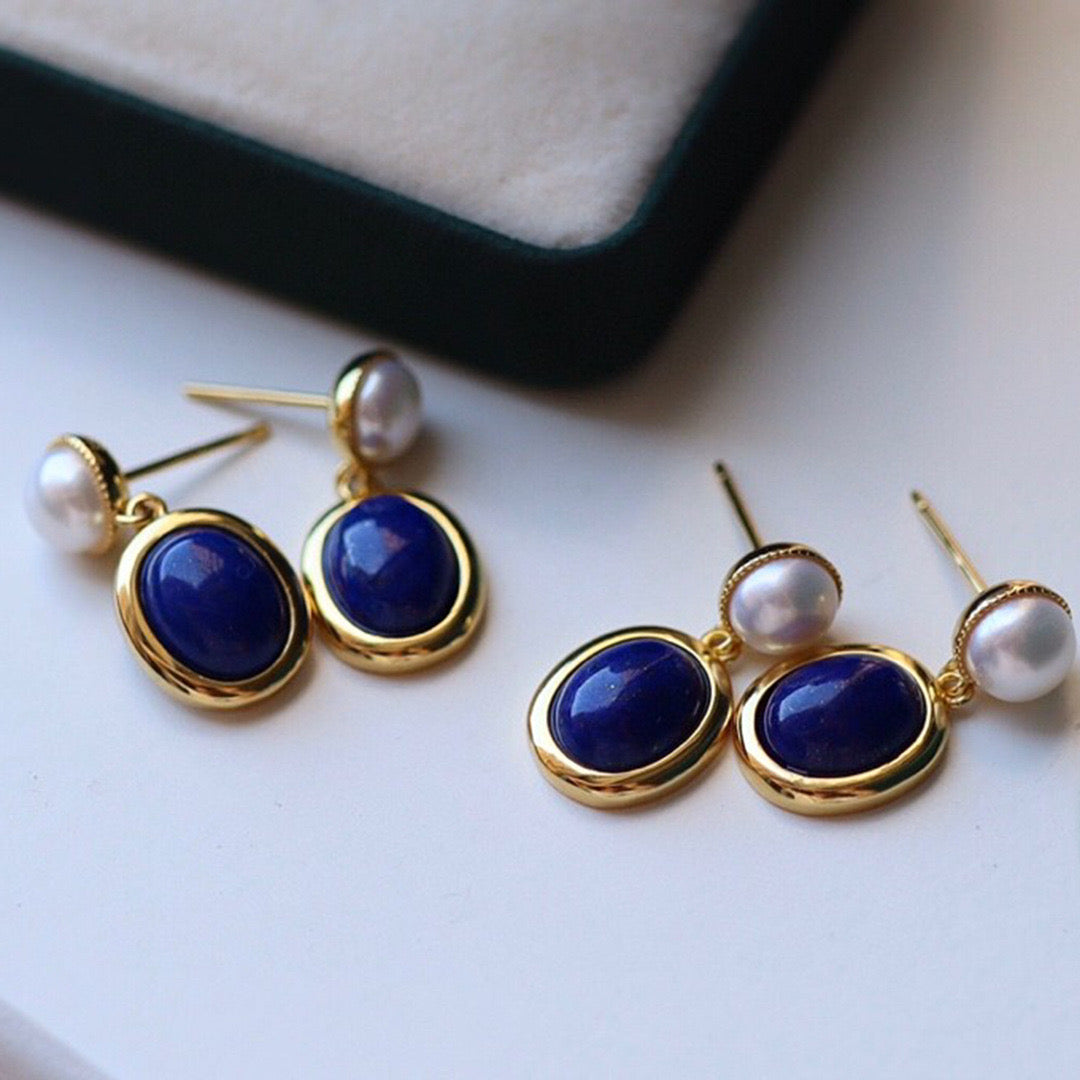 Dark Blue Lapis Lazuli and Pearl Drop Earrings
