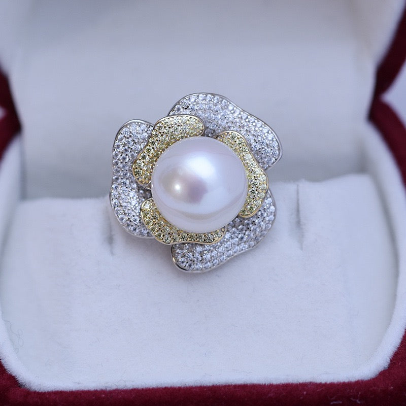 12-13mm Freshwater Pearl & Large Rose CZ Ring