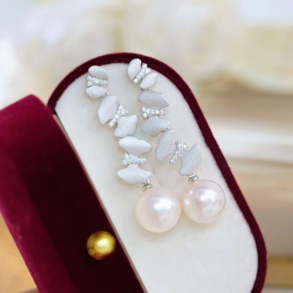 11-12mm Freshwater Pearl & Dancing Butterfly Earrings