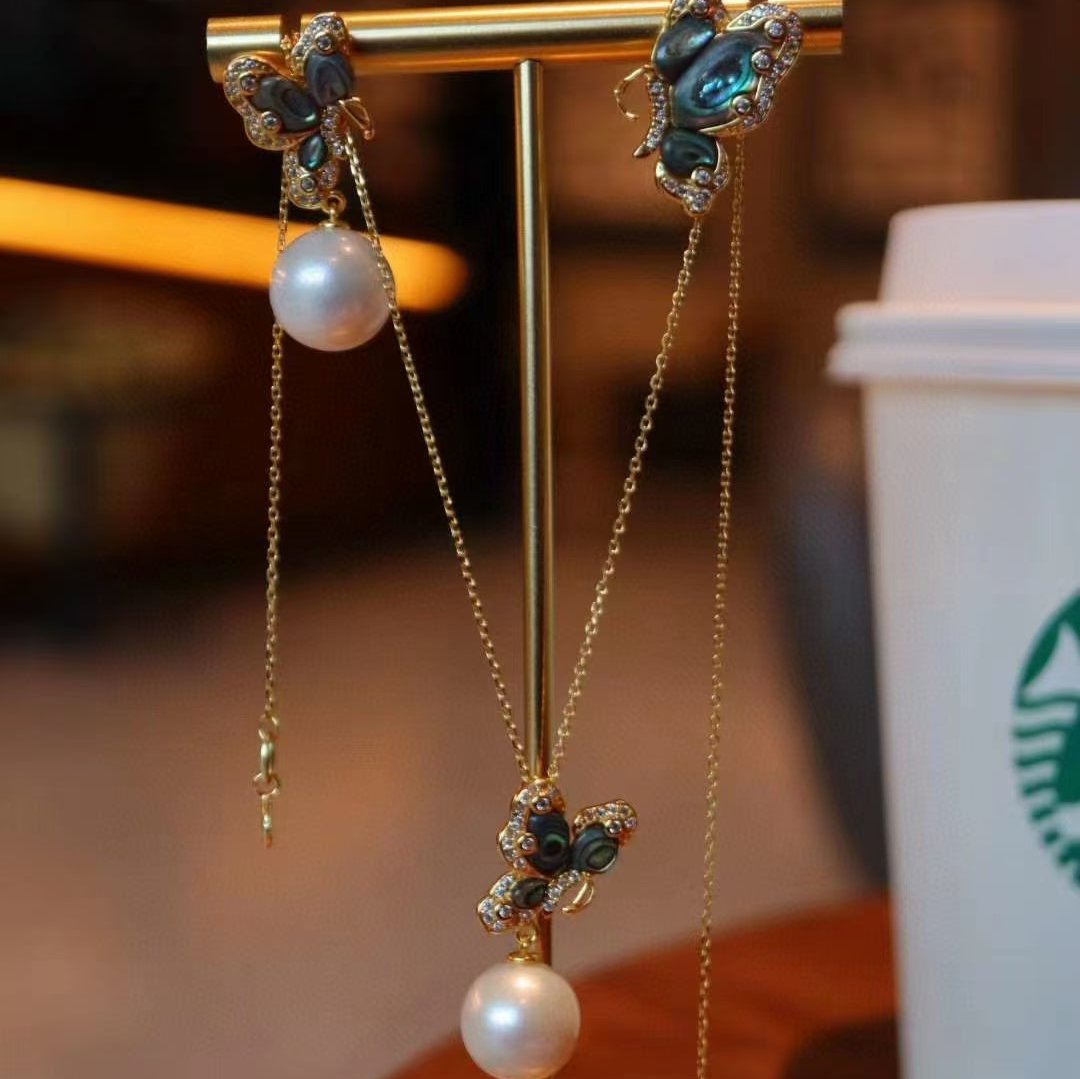 Abalone Mother of Pearls Butterfly Earrings & Necklace