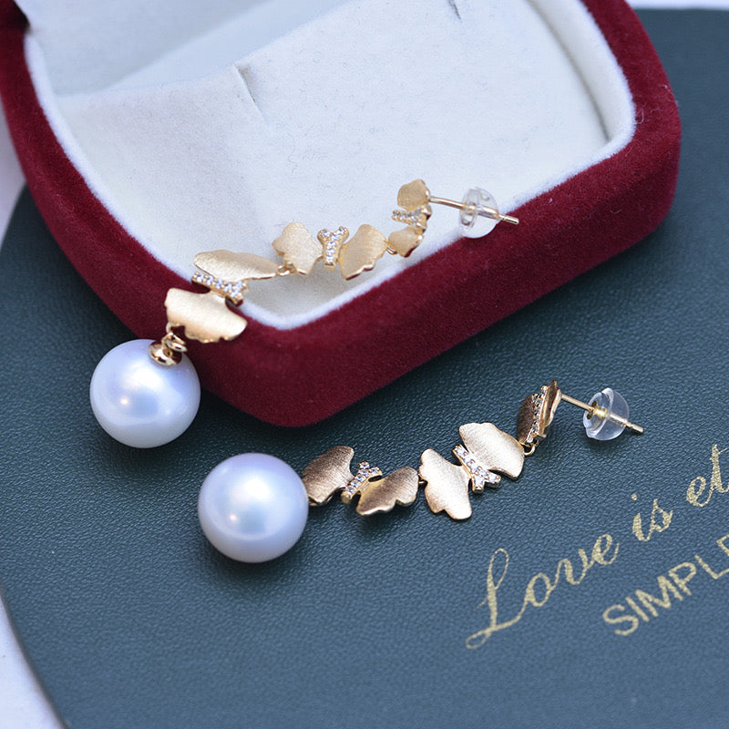 11-12mm Freshwater Pearl & Dancing Butterfly Earrings