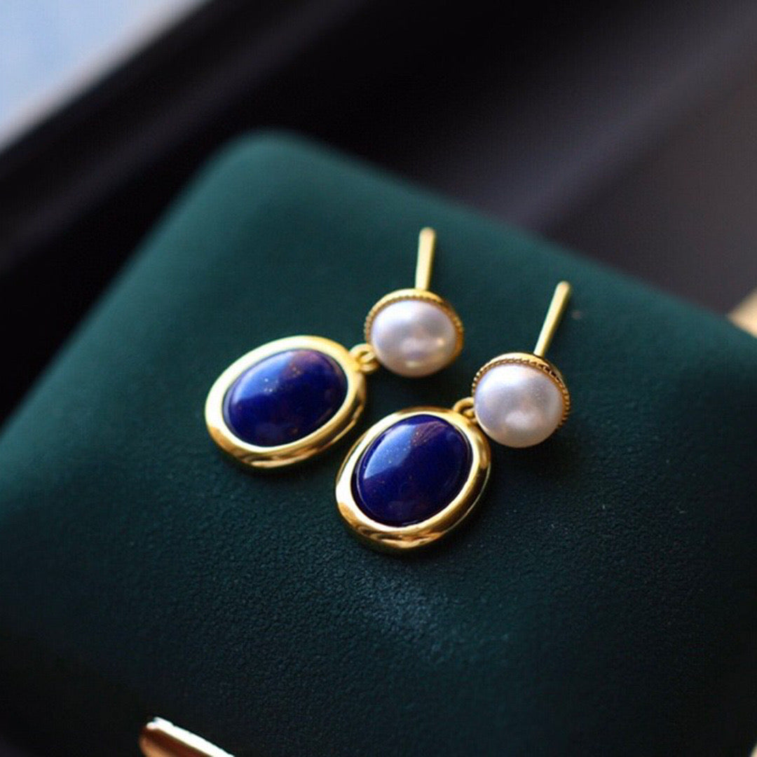 Dark Blue Lapis Lazuli and Pearl Drop Earrings