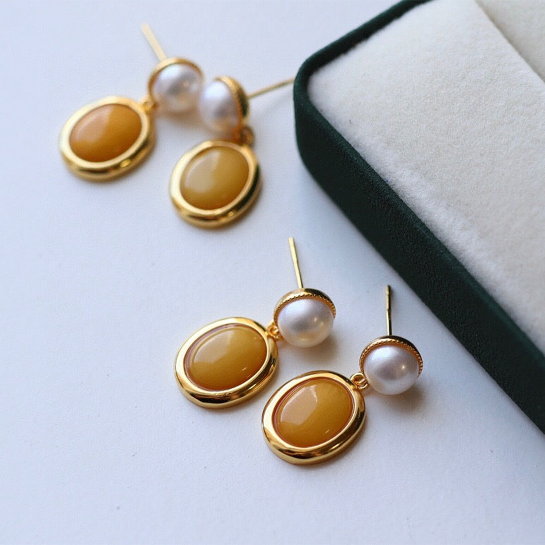 Natural Amber and Pearl Drop Earrings