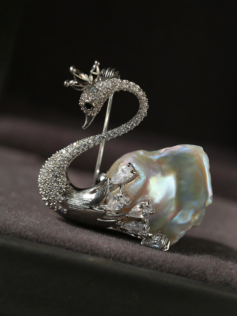 Baroque Pearl and Zirconia Swan Brooch