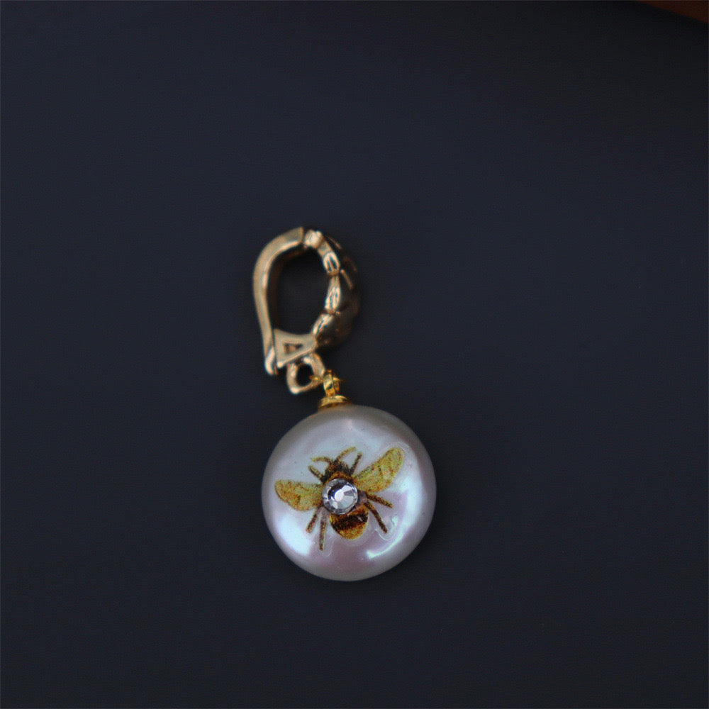 Hand-Painted Bee & Flower Baroque Pearl Clip Pendant Only