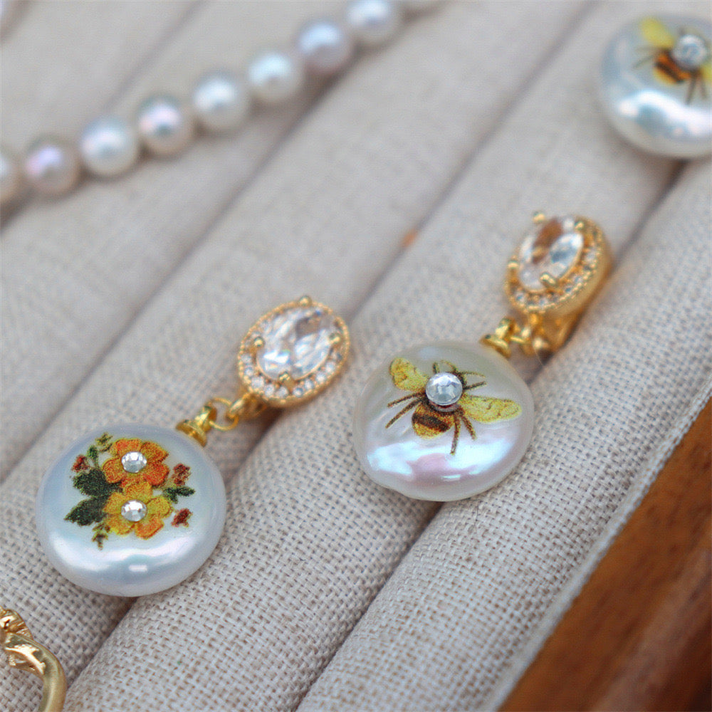 Hand-Painted Bee & Flower Baroque Pearl Clip Pendant Only