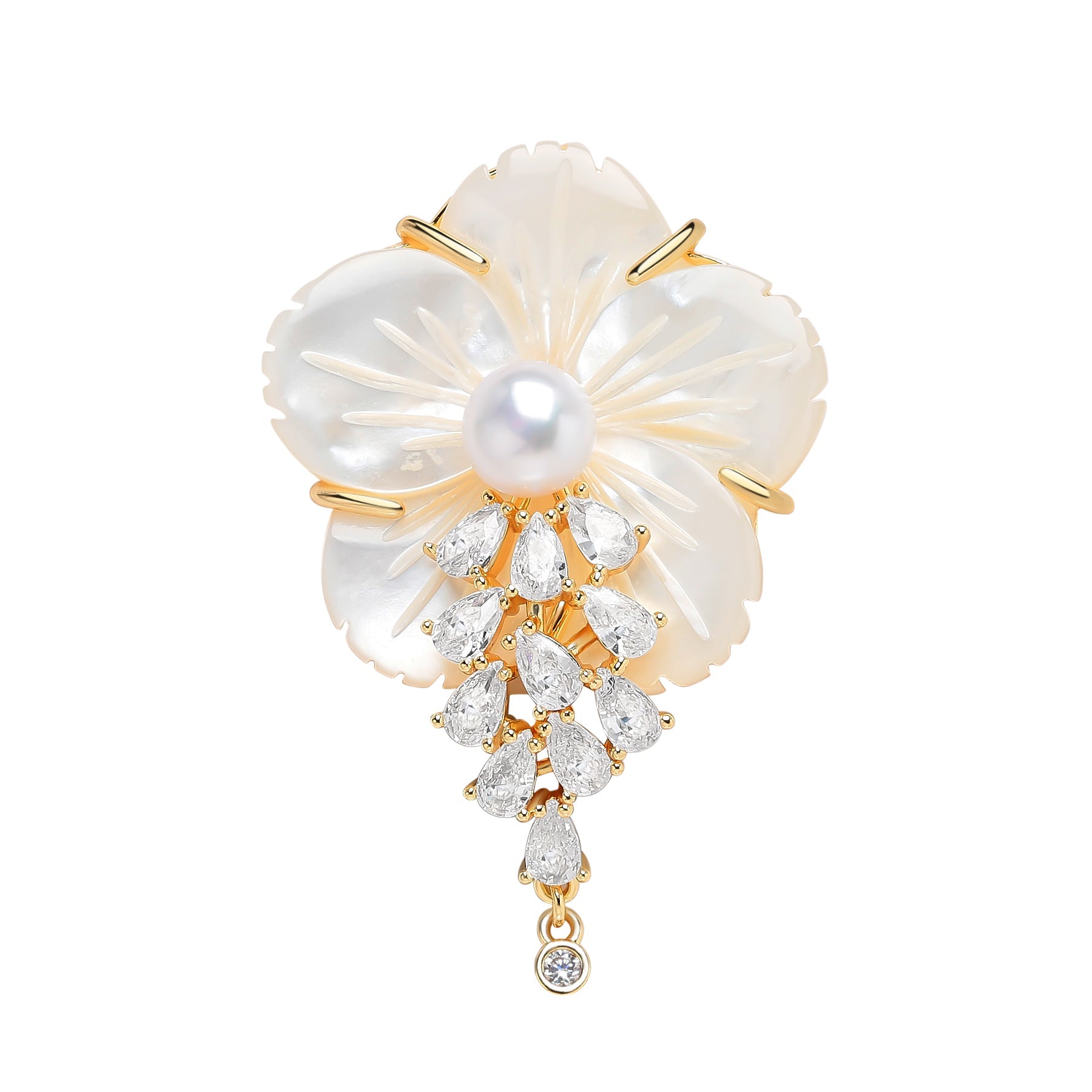 Shell Carved Flower Pearl Cubic Zirconia Brooch