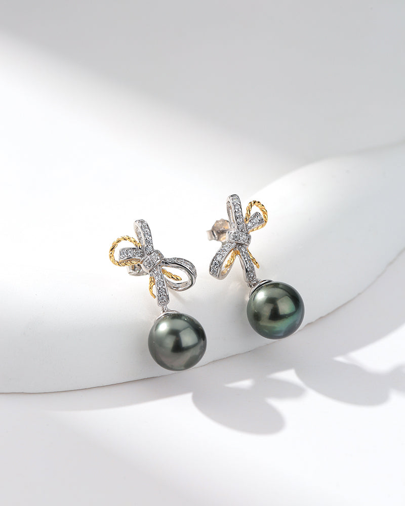 Tahitian South Sea Pearl & CZ Bow Earrings