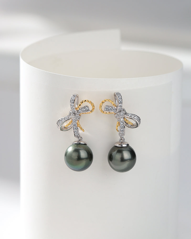 Tahitian South Sea Pearl & CZ Bow Earrings