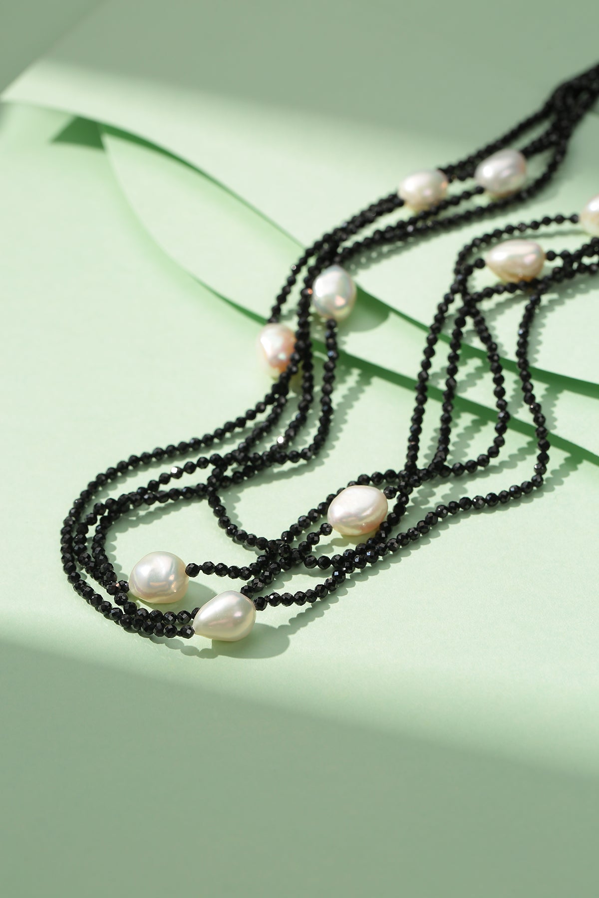 Black Spinel Beaded Baroque Pearls Long Necklace