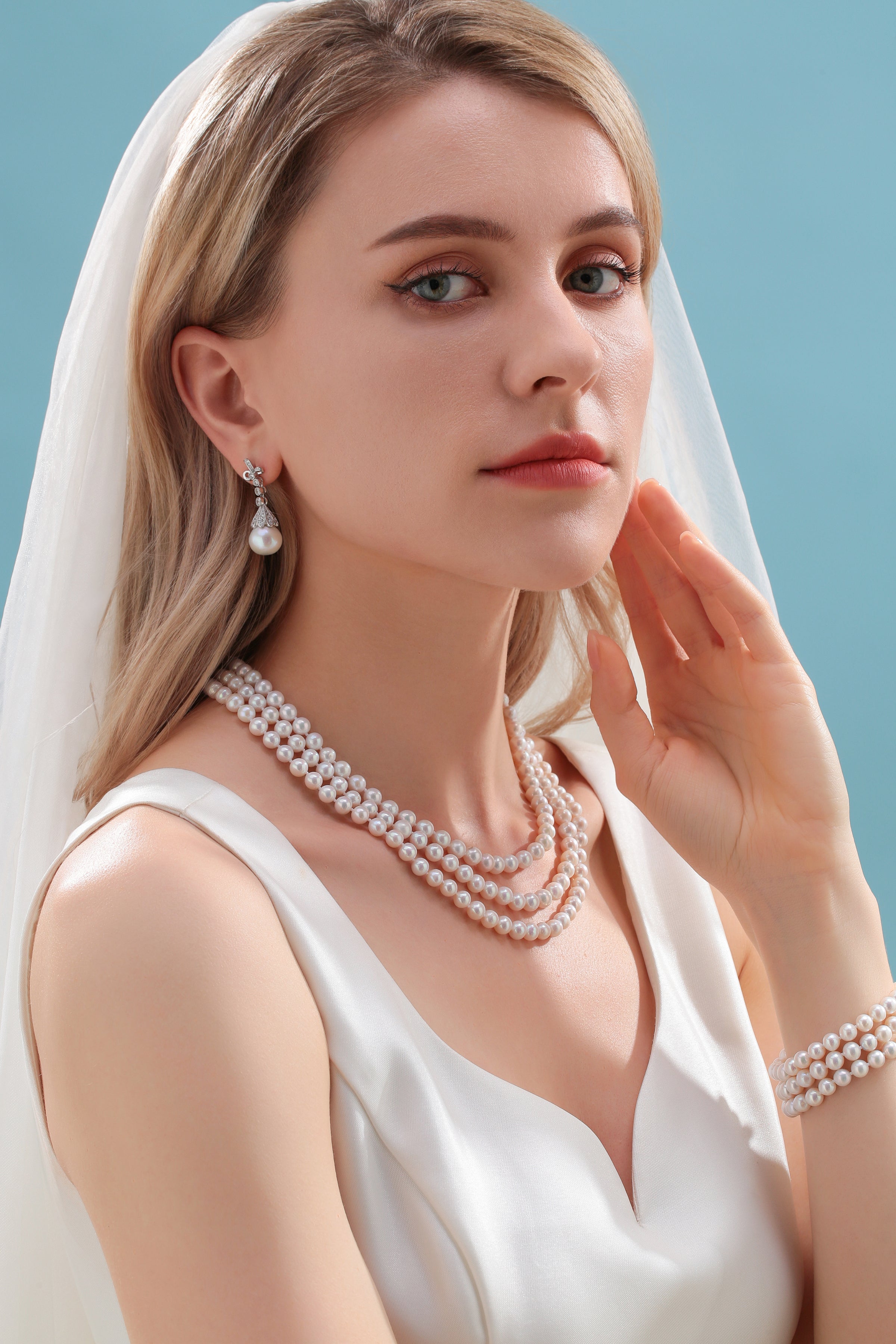 5-6mm Triple Freshwater Pearls Necklace Bracelet Set(Purchase Individually)