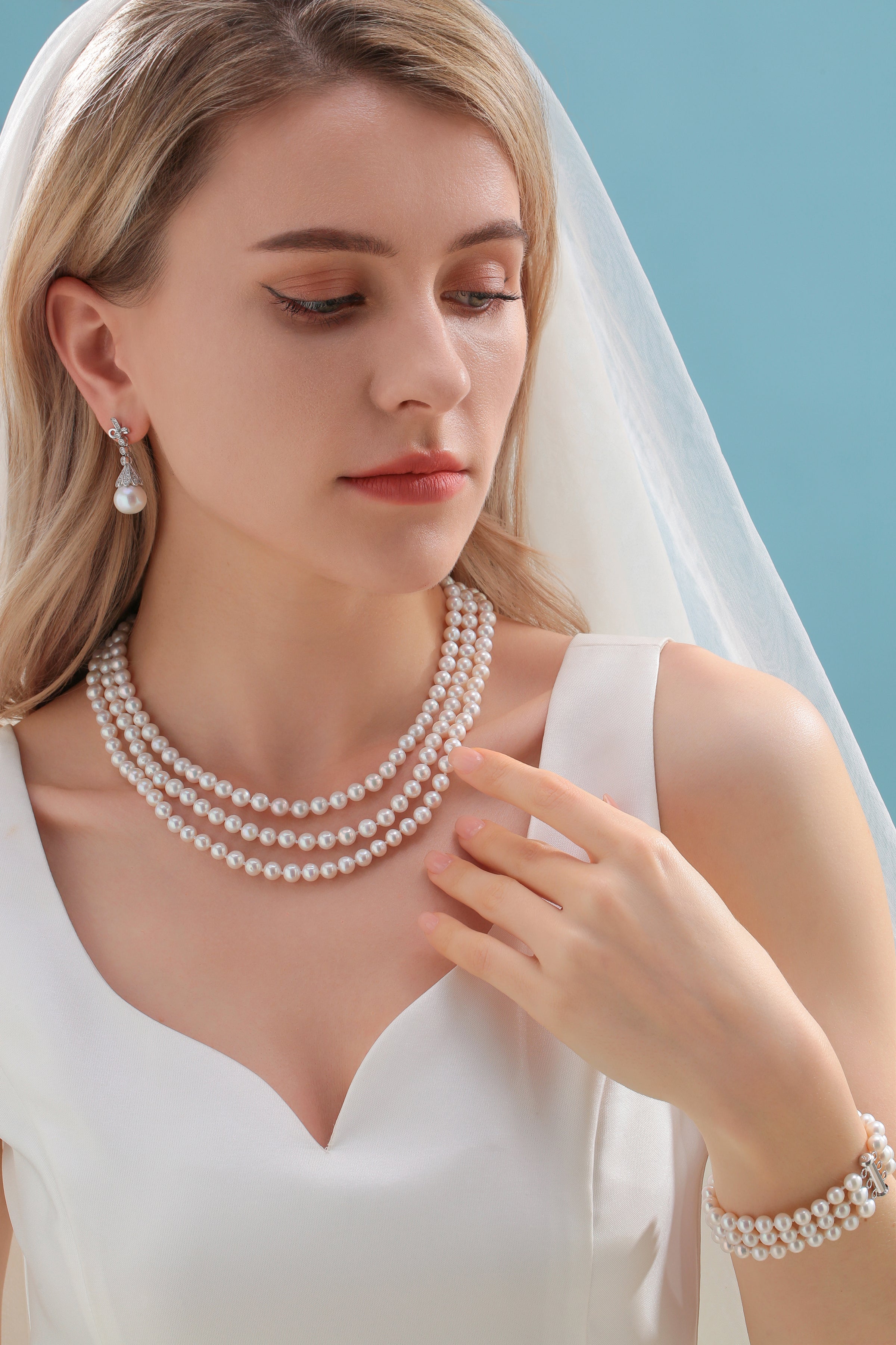 5-6mm Triple Freshwater Pearls Necklace Bracelet Set(Purchase Individually)