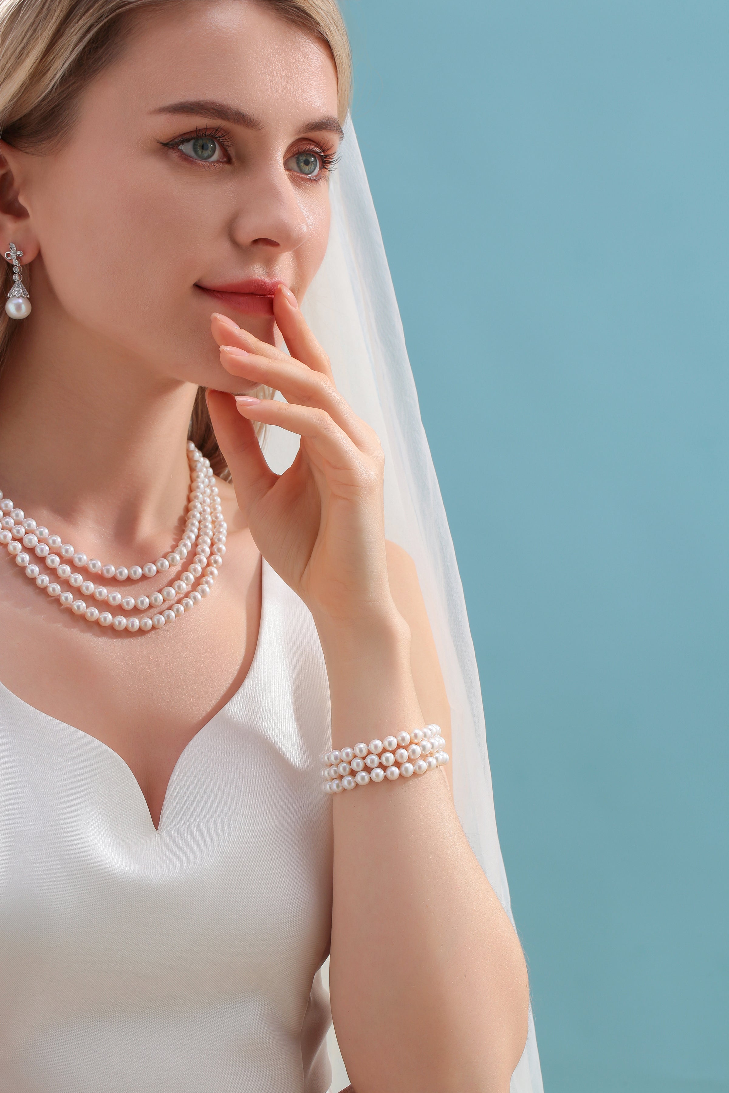 6-7mm Triple Strand Freshwater Pearls Necklace Bracelet Set (Purchase Individually)