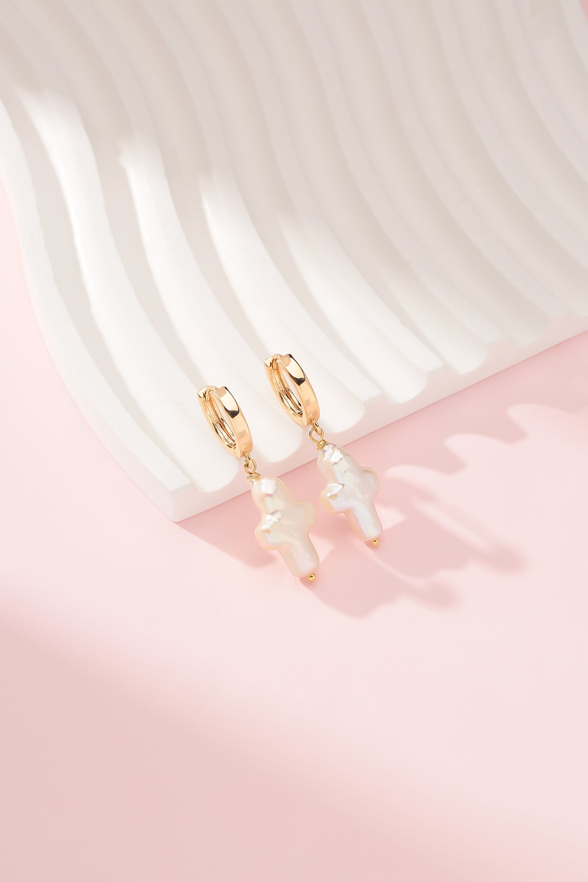 Cross Pearl Hoop Earrings