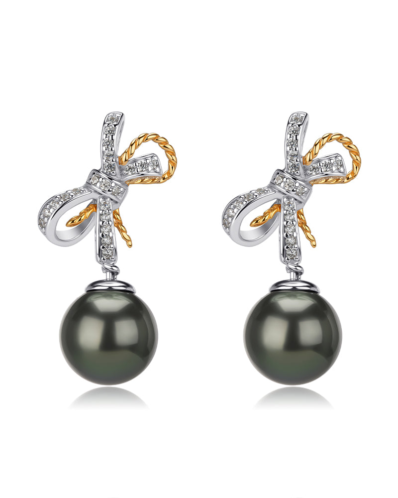 Tahitian South Sea Pearl & CZ Bow Earrings