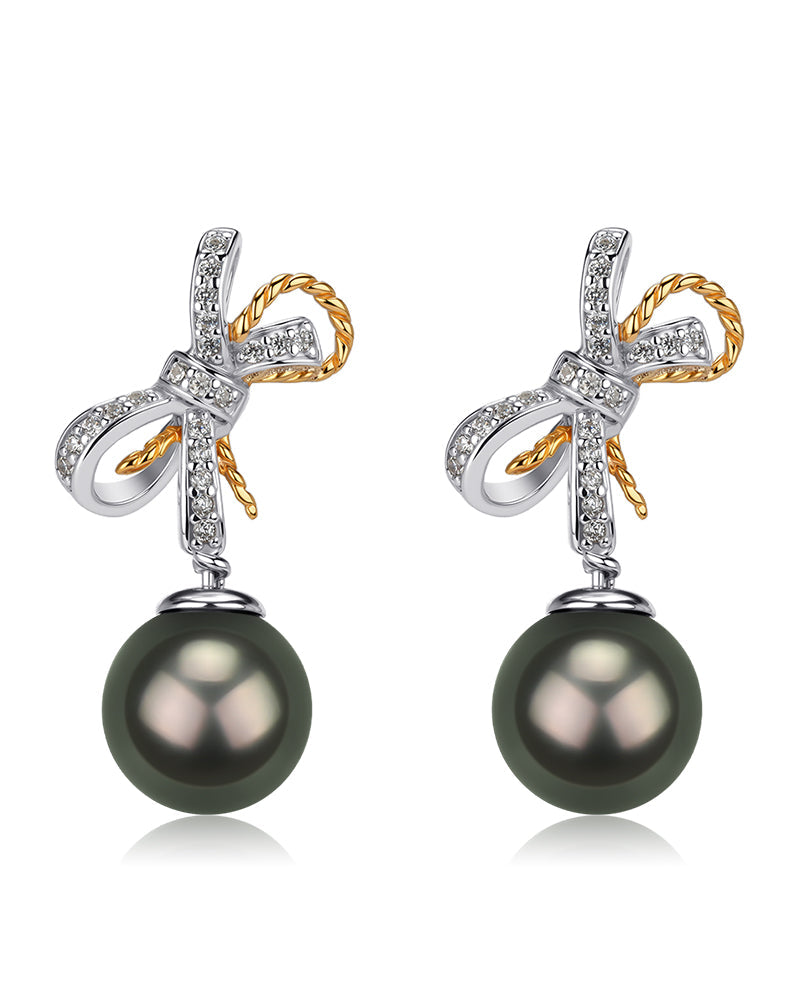 Tahitian South Sea Pearl & CZ Bow Earrings