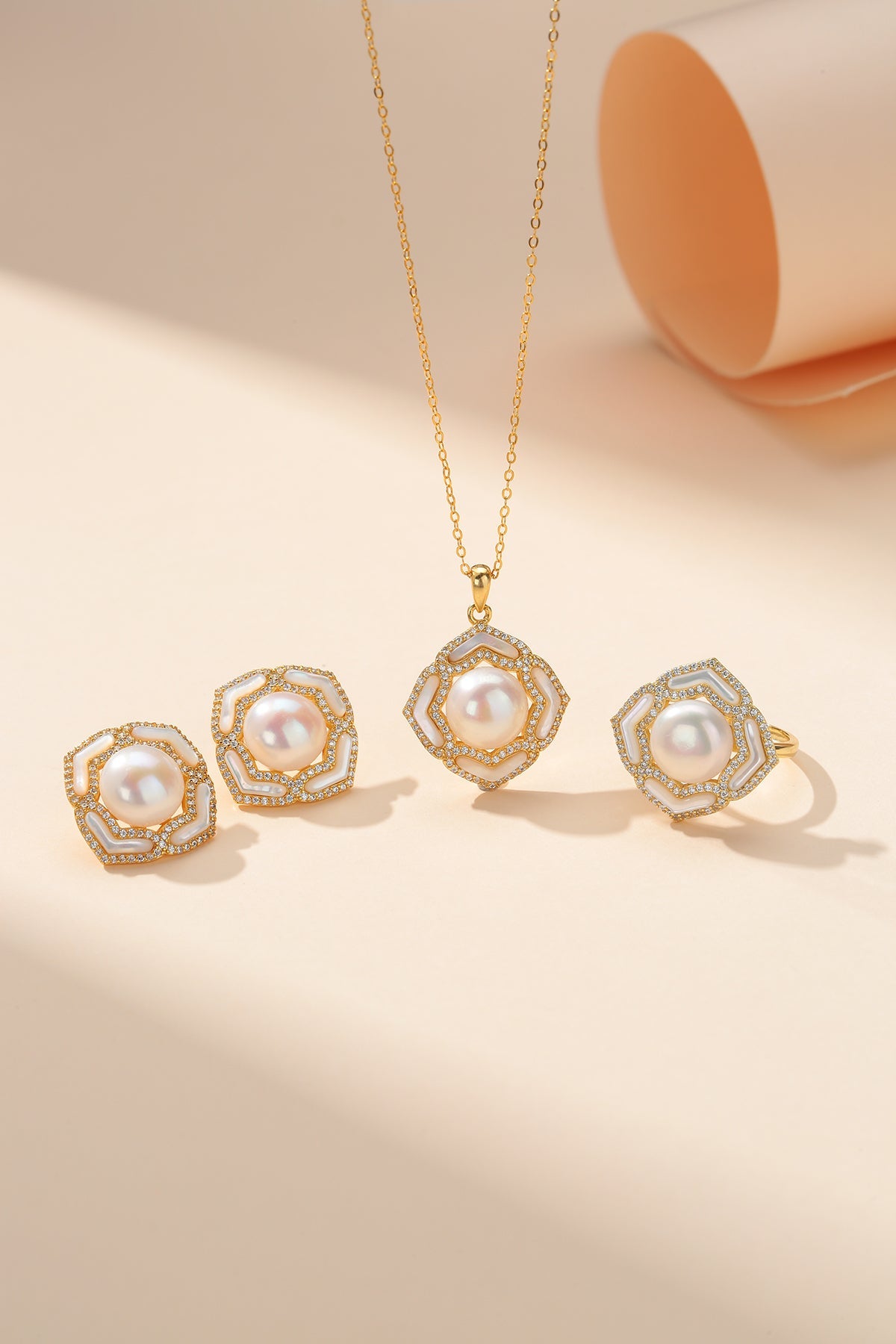 Button Pearls & Zinnia Floral Necklace Earrings Set ( Purchase Individually)