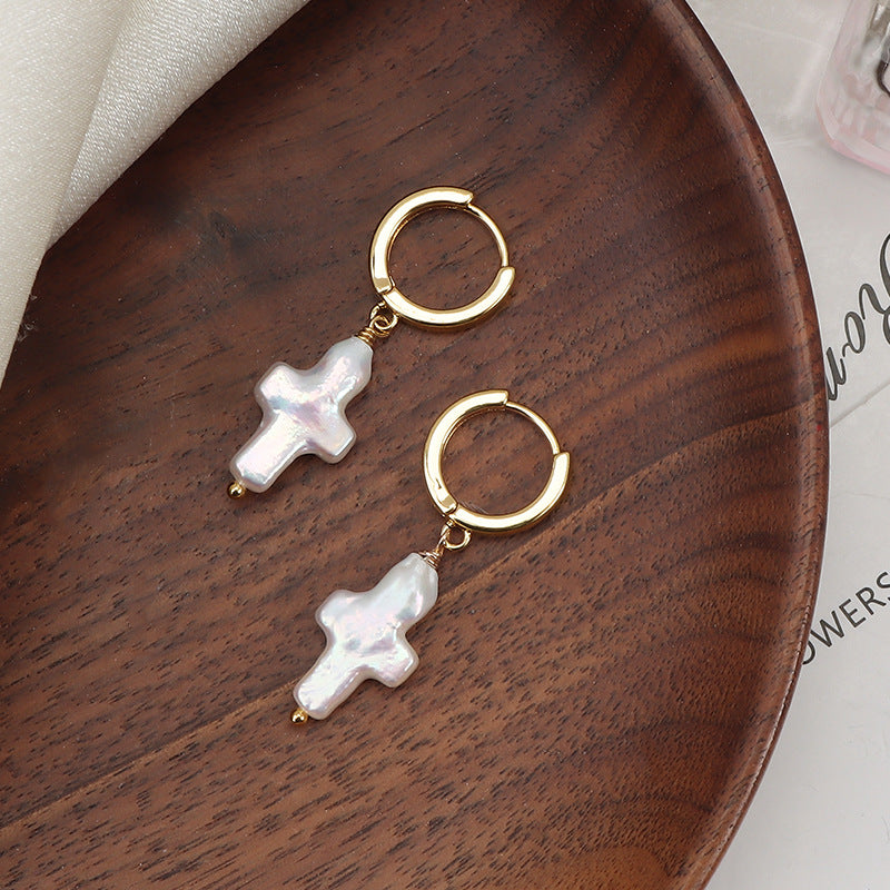 Cross Pearl Hoop Earrings