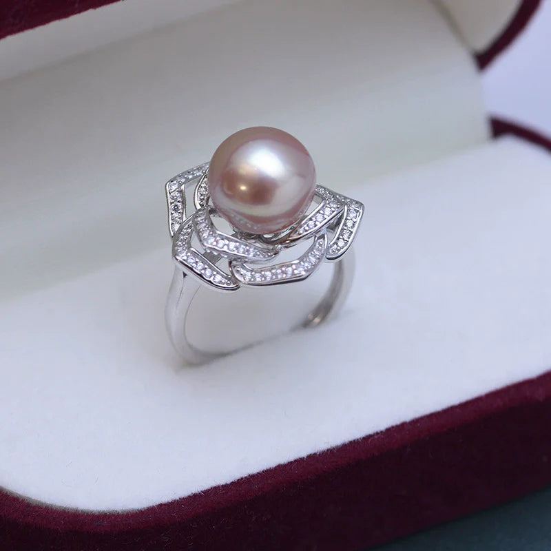 10-11mm Freshwater Pearl Camellia Cubic Zirconia Ring