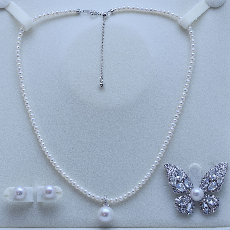 Freshwater Pearl Necklace, Earrings, Brooch Set