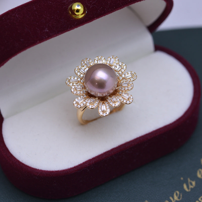 11-12mm Freshwater Pearl Cubic Zirconia Floral Ring