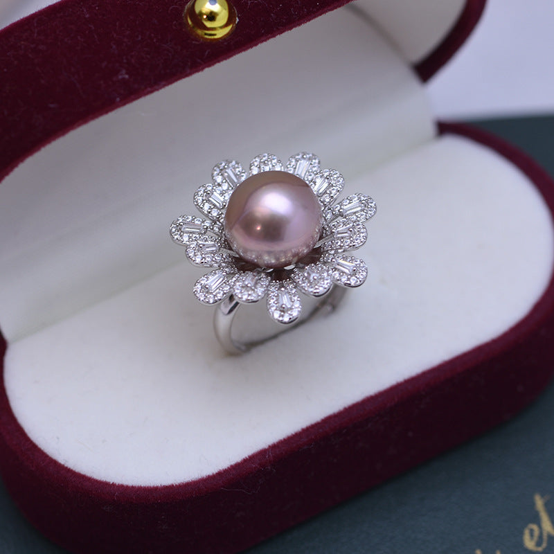 11-12mm Freshwater Pearl Cubic Zirconia Floral Ring