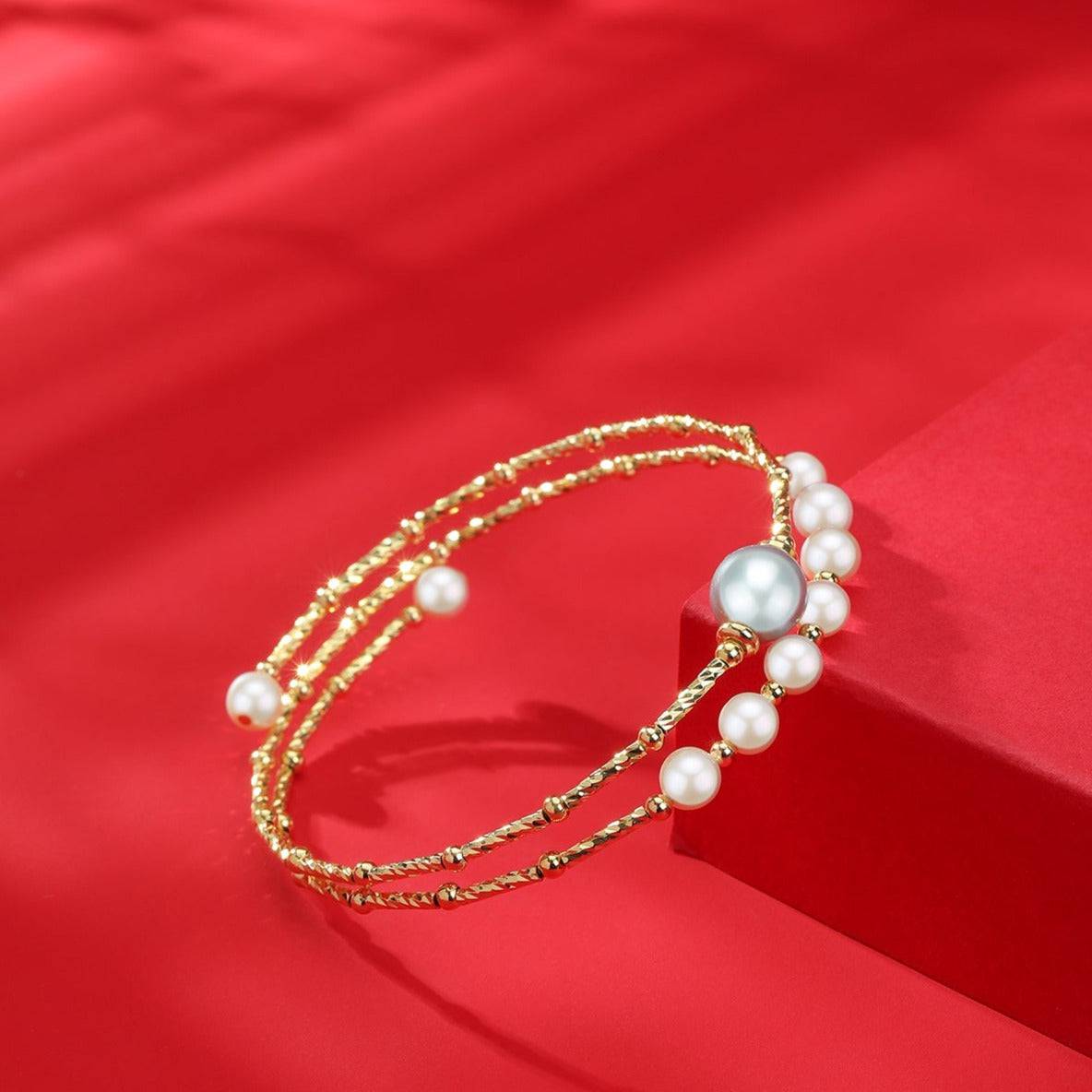 Dual-Layer Gold Beaded Grey Freshwater Pearl Bracelet
