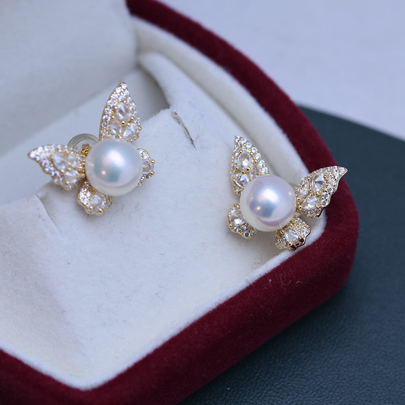 8-9mm Freshwater Pearl Butterfly &Cubic Zirconia Earrings