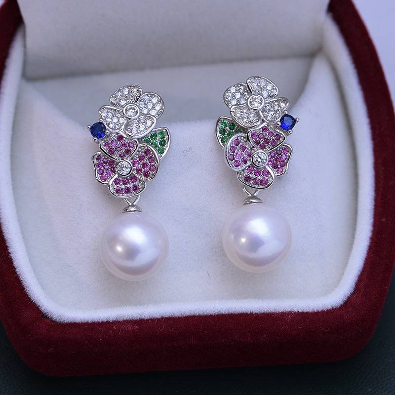 10-11mm Freshwater Pearl & Color Floral Earrings