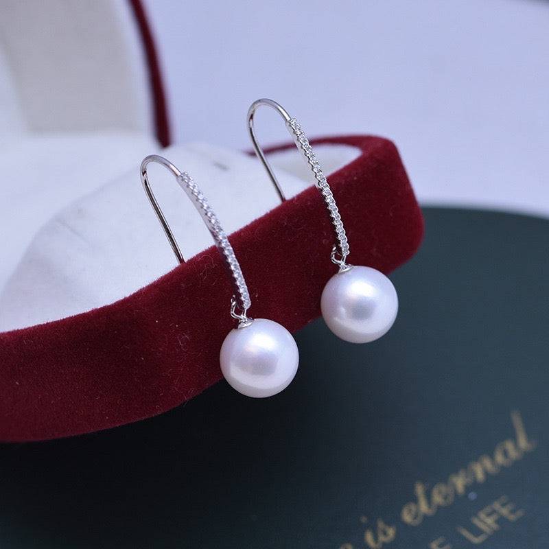 10-11mm Freshwater Pearl & CZ Hook Hoops Earrings
