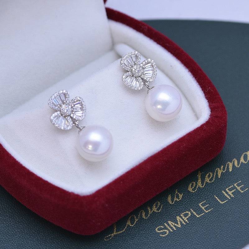 10-11mm Freshwater Pearl & Floral Earrings