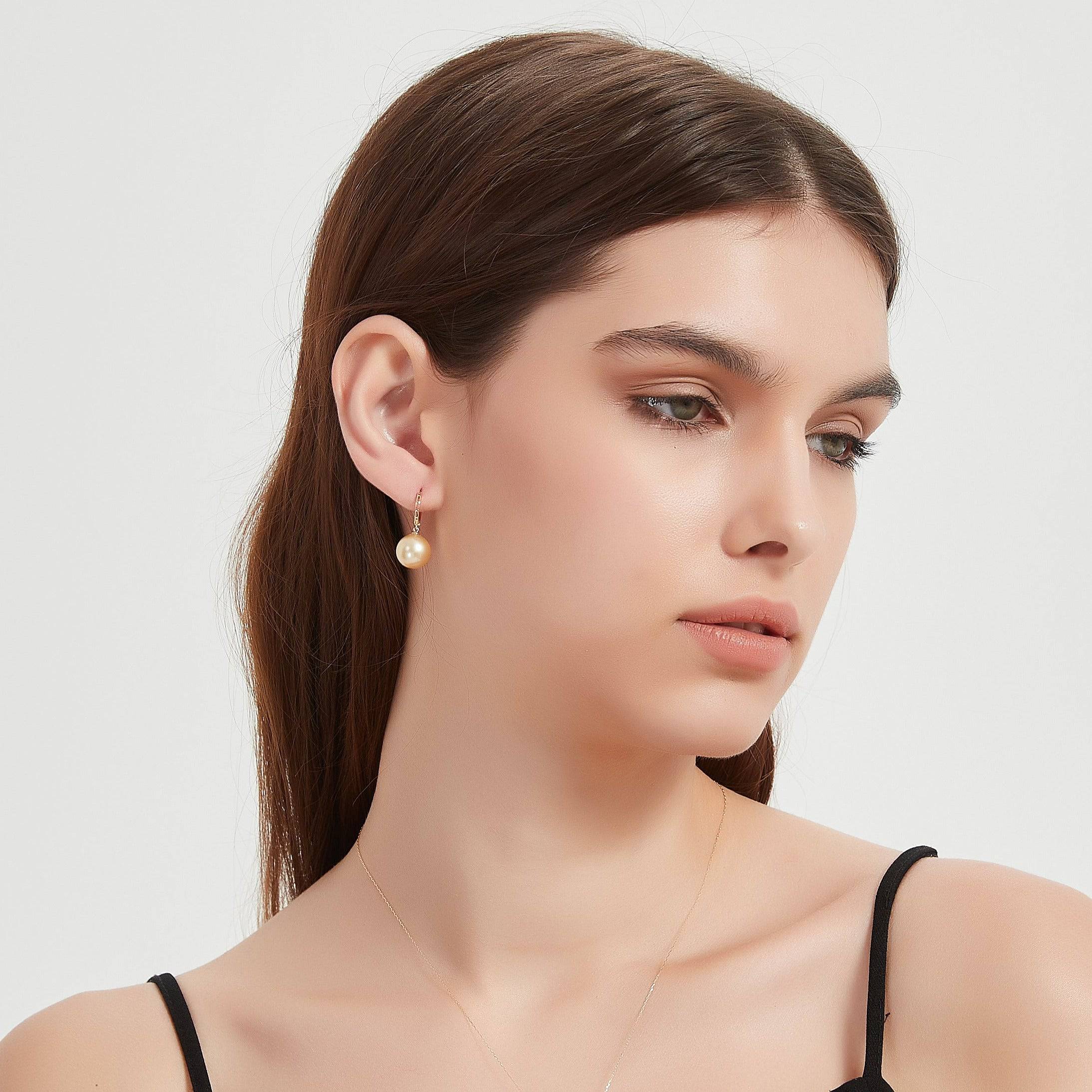 11-12mm 18K Gold Golden South Sea Pearl & Daisy Earrings AAAA Grade