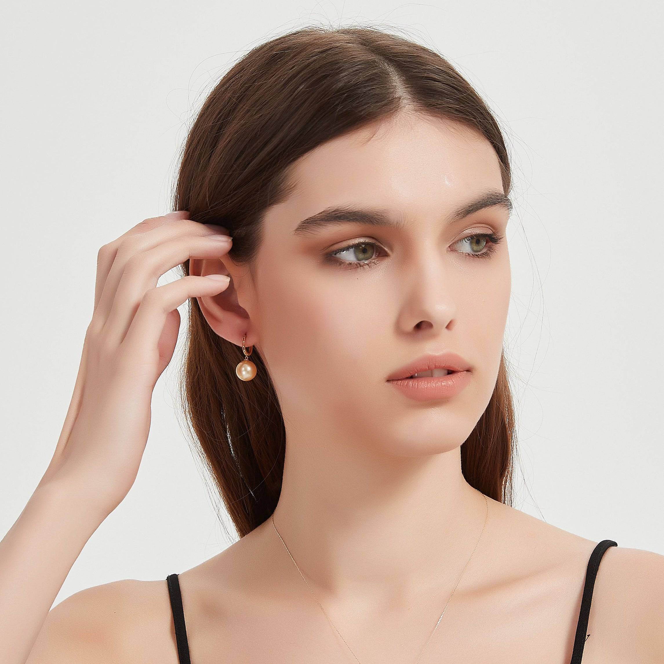 11-12mm 18K Gold Golden South Sea Pearl & Daisy Earrings AAAA Grade